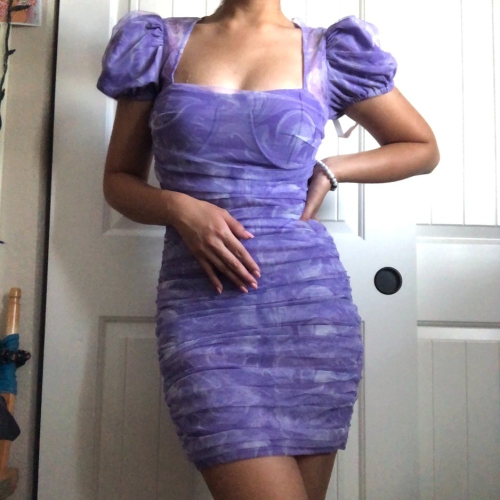 Purple Marble Mesh Ruched Milkmaid Dress w/ tags!